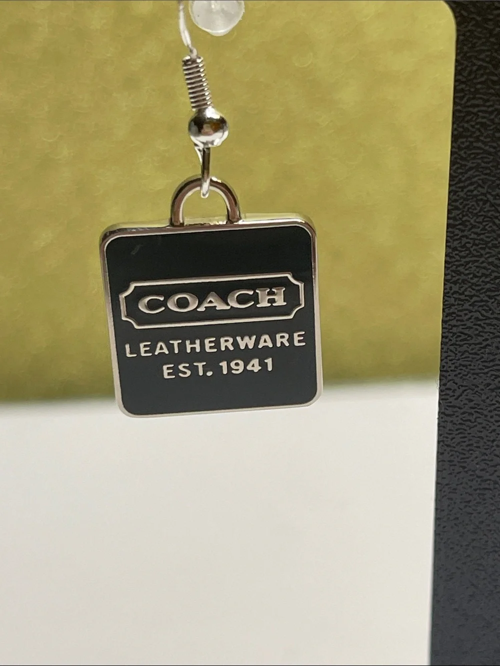 Coach Dark Green & Silver Logo Drop Earrings - Picture 2 of 6